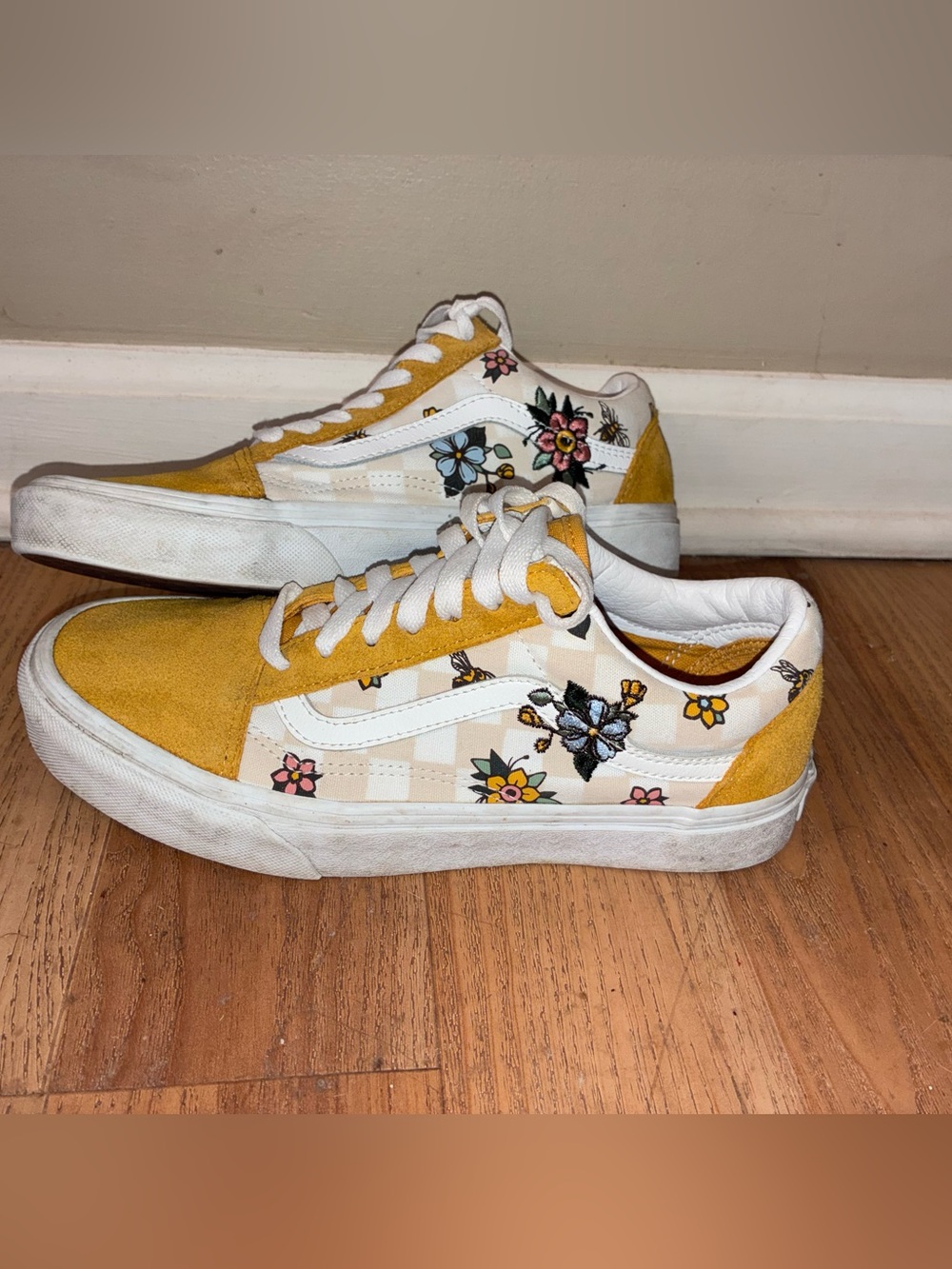 Vans Old Skool Floral Checkerboard Sneakers - Yellow Mustard & White